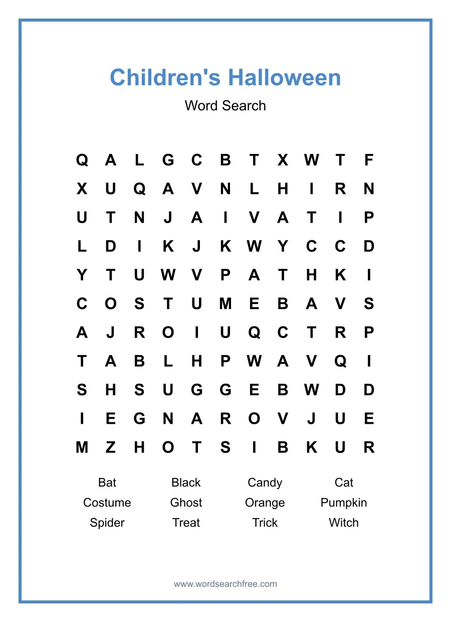 Children's Halloween Word Search - Free printable puzzle with 12 words