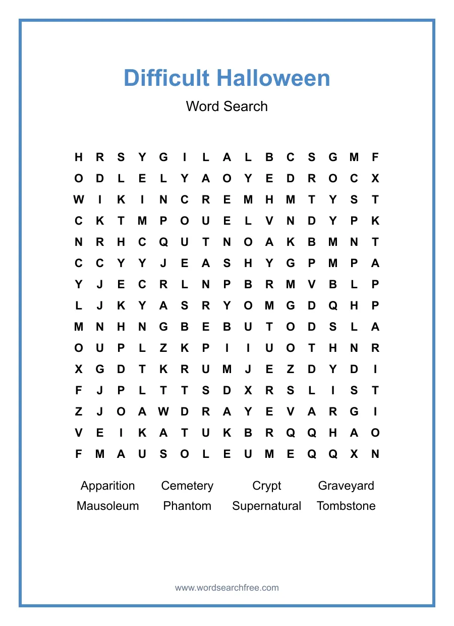 Difficult Halloween Word Search - Free printable word search puzzle