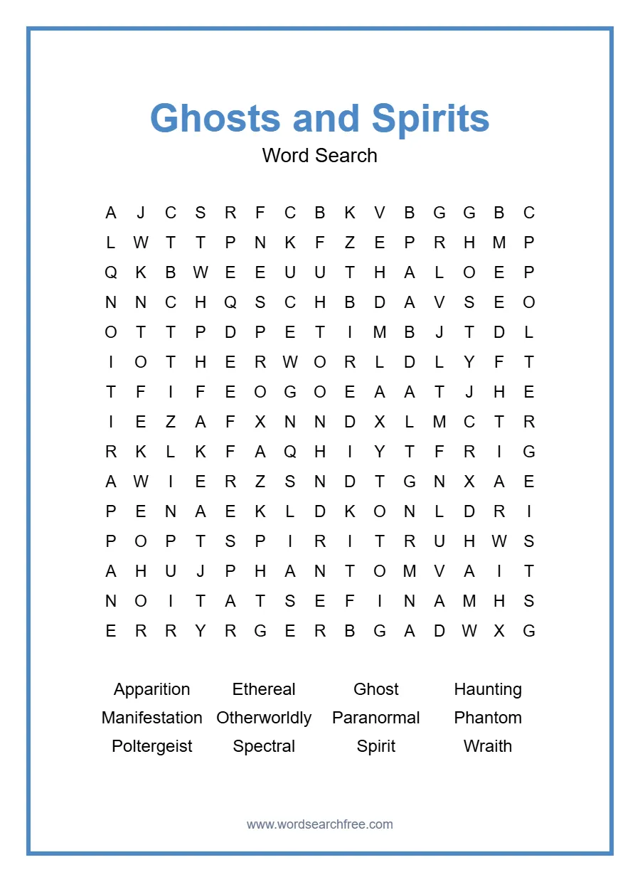 Ghosts and Spirits - Hard Word Search Puzzle