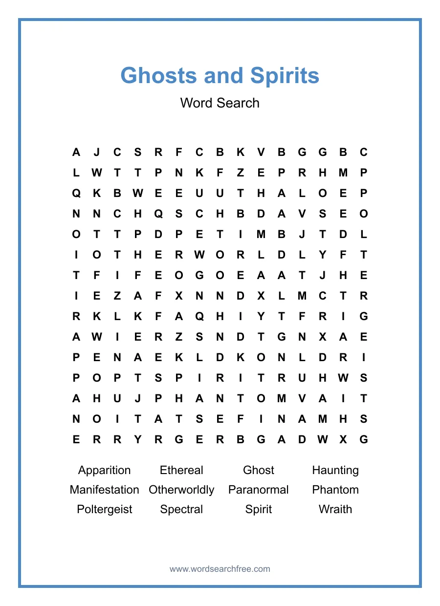 Ghosts and Spirits - Hard Word Search Puzzle