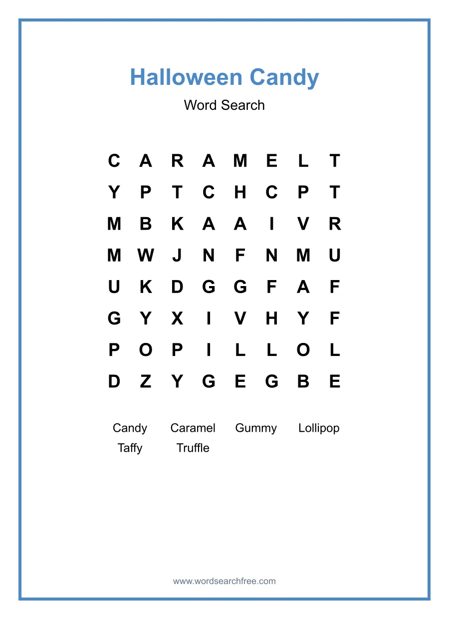 Halloween Candy Word Search - Free printable puzzle with 6 words