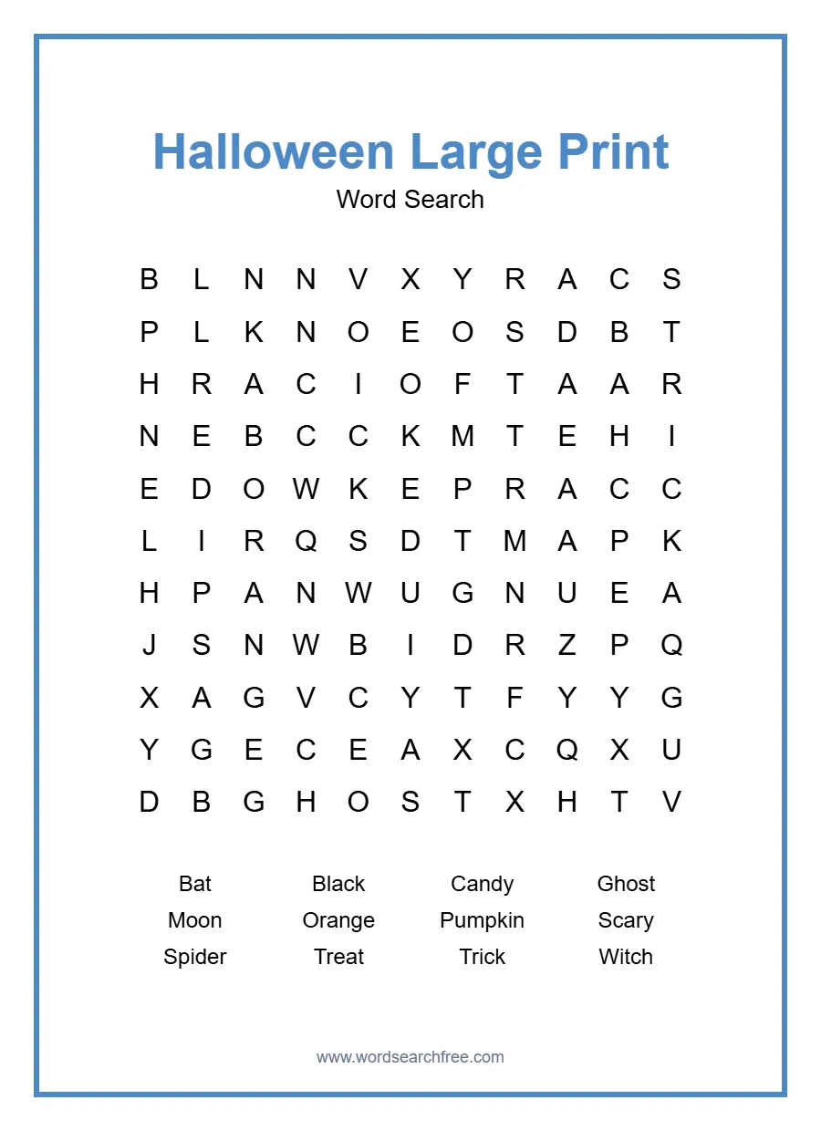 Halloween Large Print Word Search - Free printable puzzle with 12 words