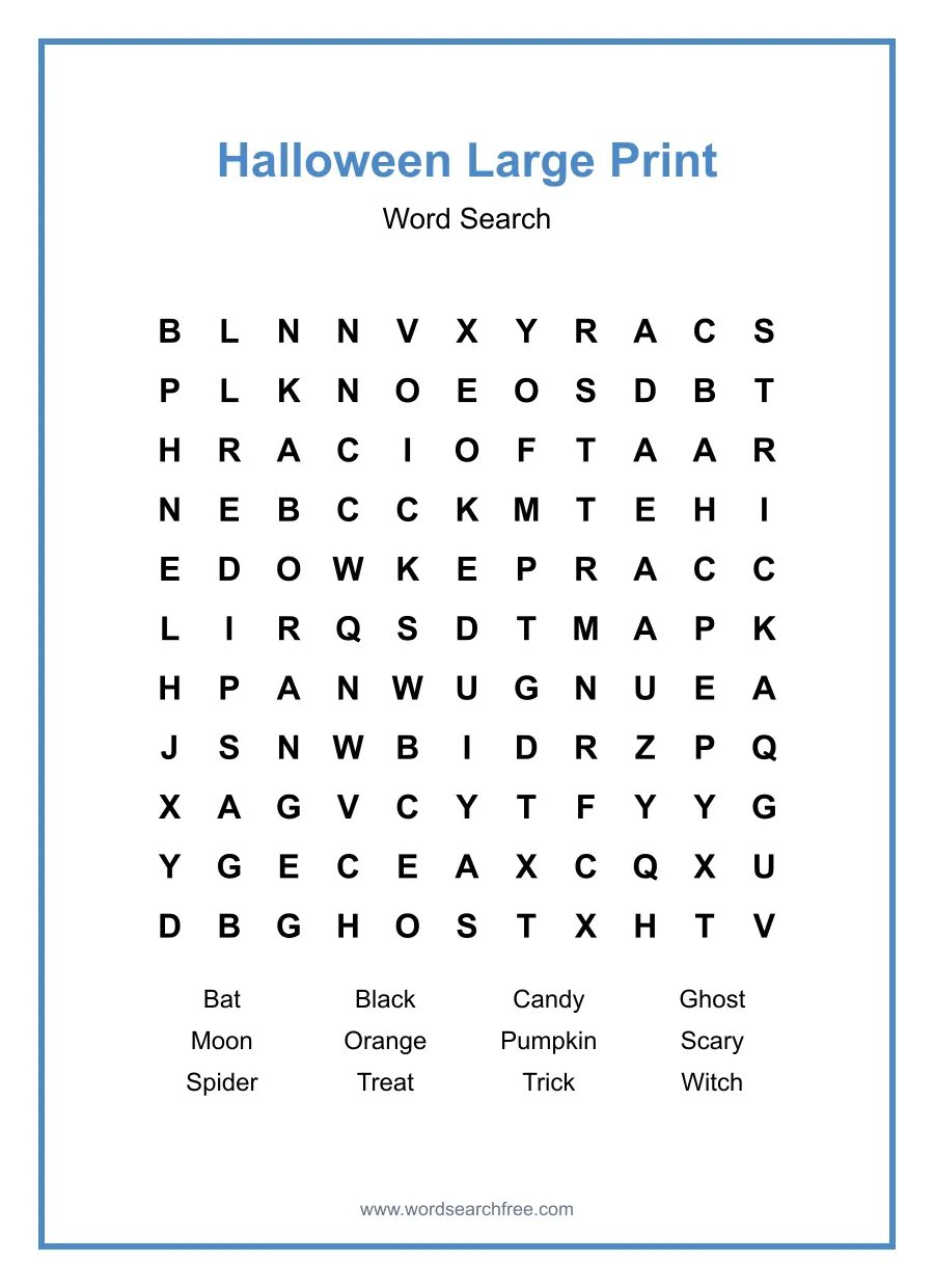 Halloween Large Print Word Search - Free printable puzzle with 12 words