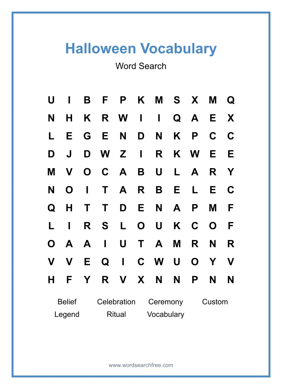 Halloween Vocabulary Word Search - Free printable puzzle with 7 words