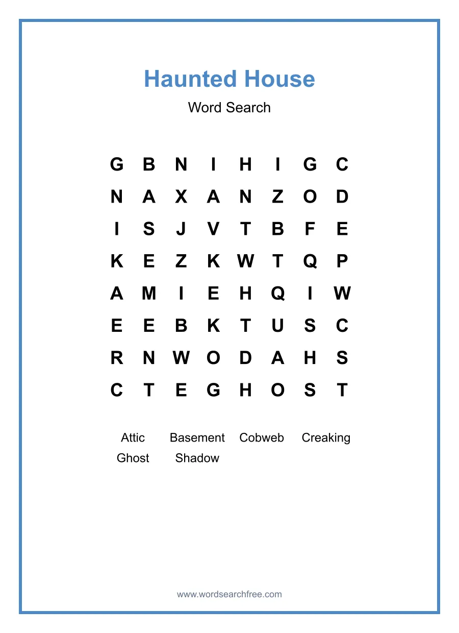 Haunted House Word Search - Free printable puzzle with 6 words