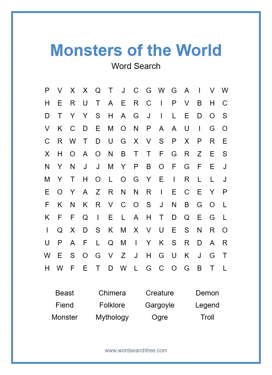 Monsters of the World - Hard Word Search Puzzle