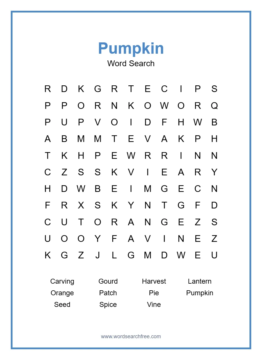 Pumpkin Word Search - Free printable puzzle with 11 words