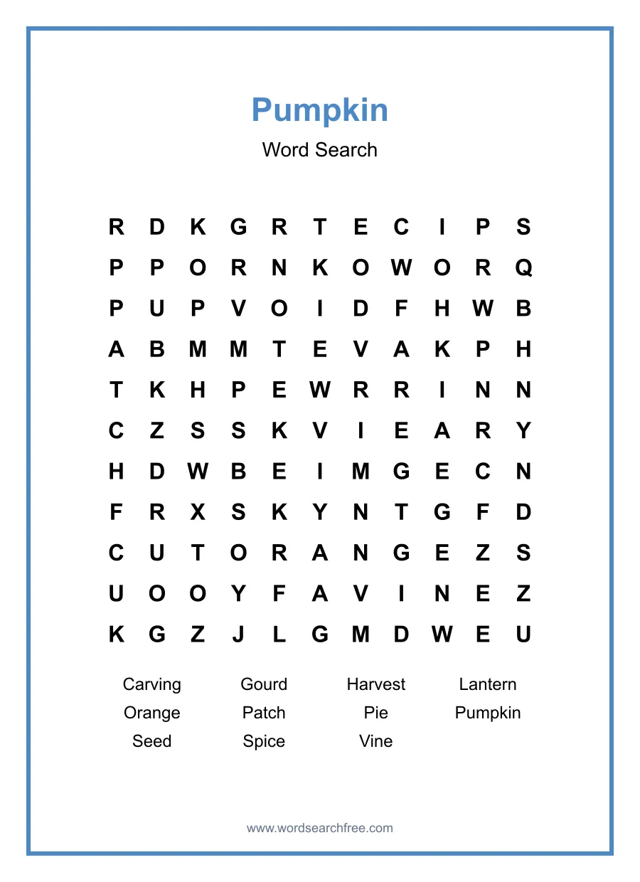 Pumpkin Word Search - Free printable puzzle with 11 words