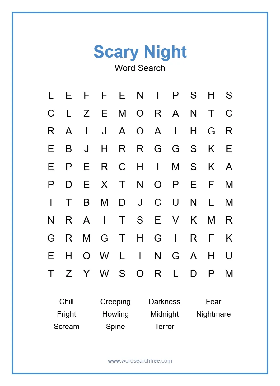 Scary Night Word Search - Free printable puzzle with 11 words