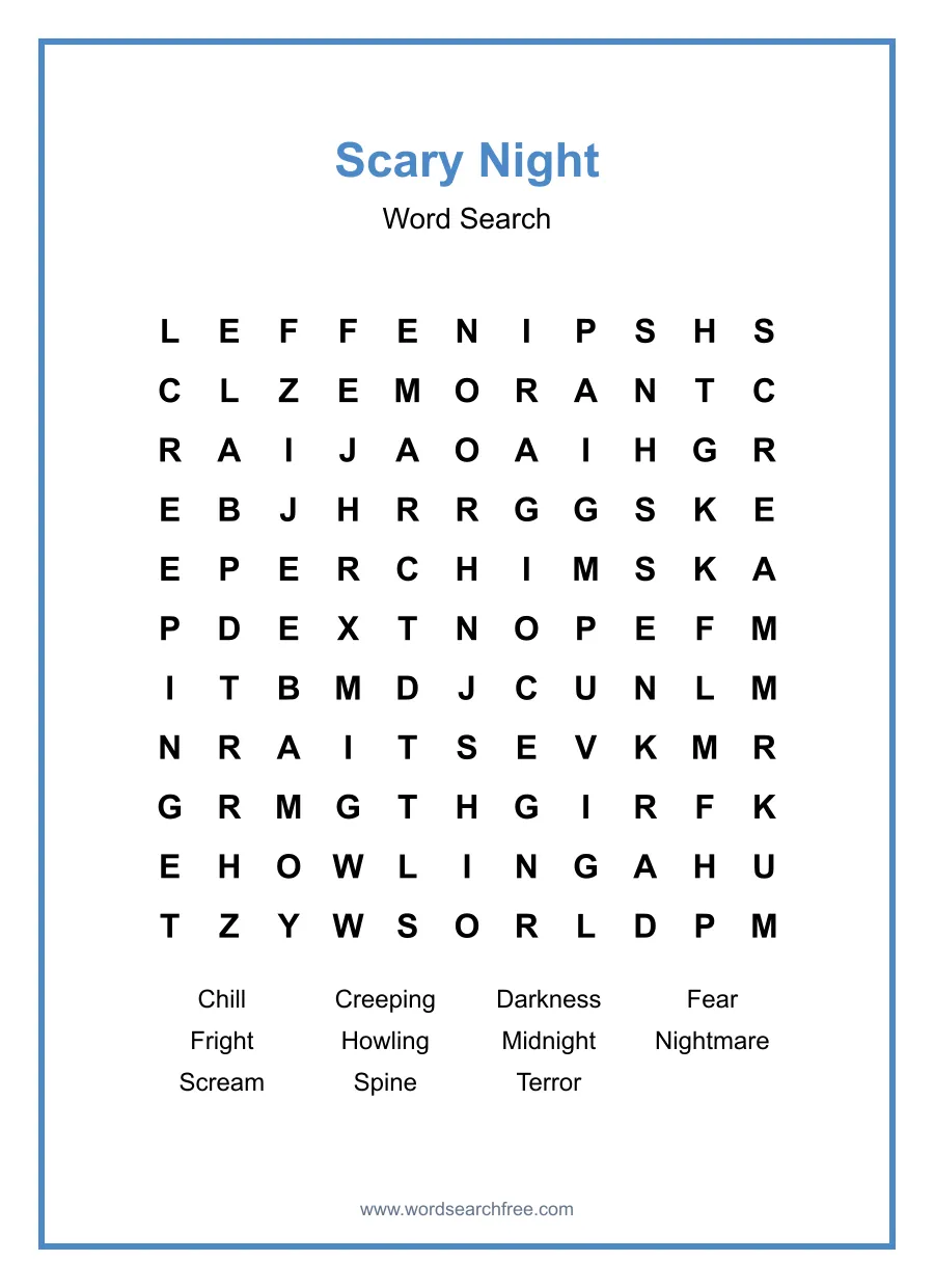Scary Night Word Search - Free printable puzzle with 11 words