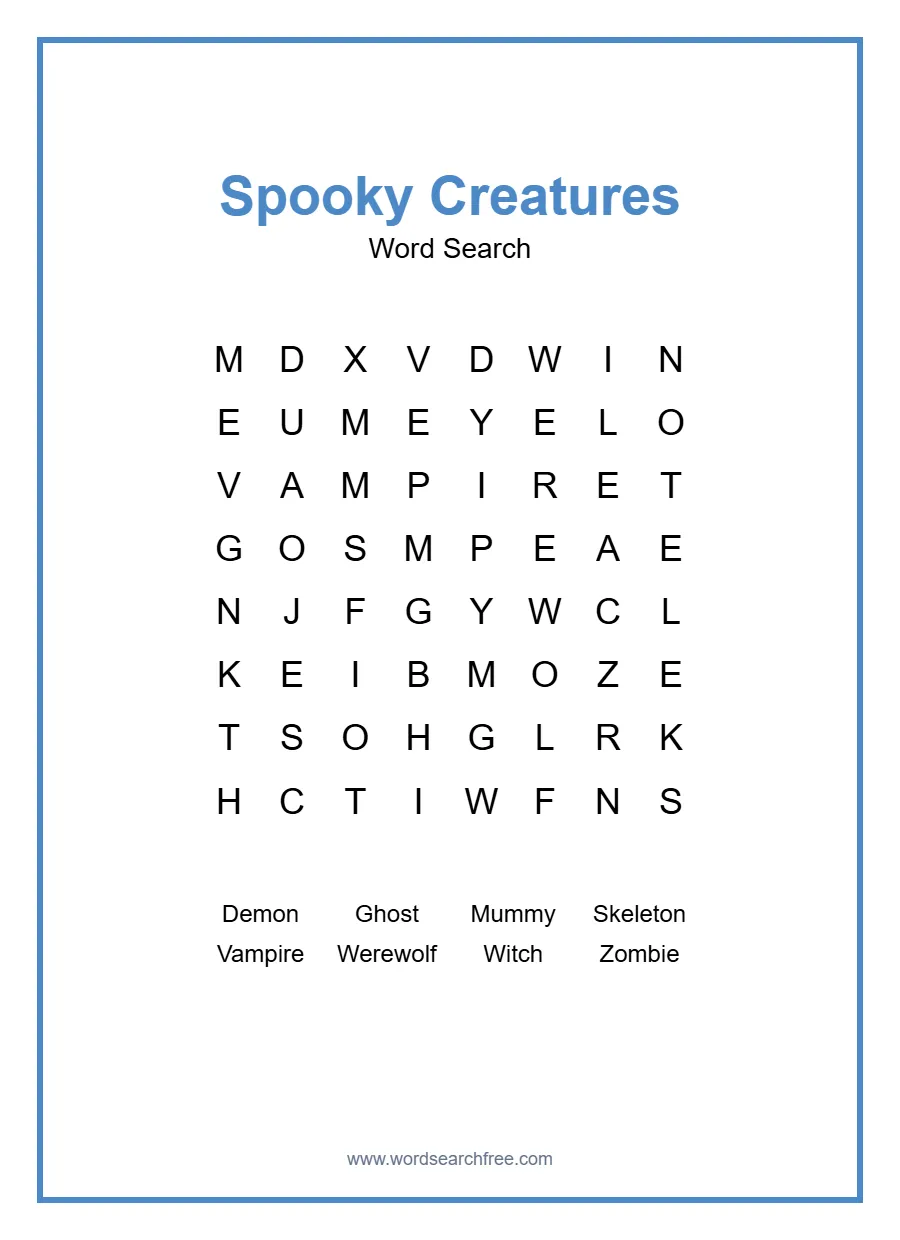 Spooky Creatures - Easy Word Search Puzzle