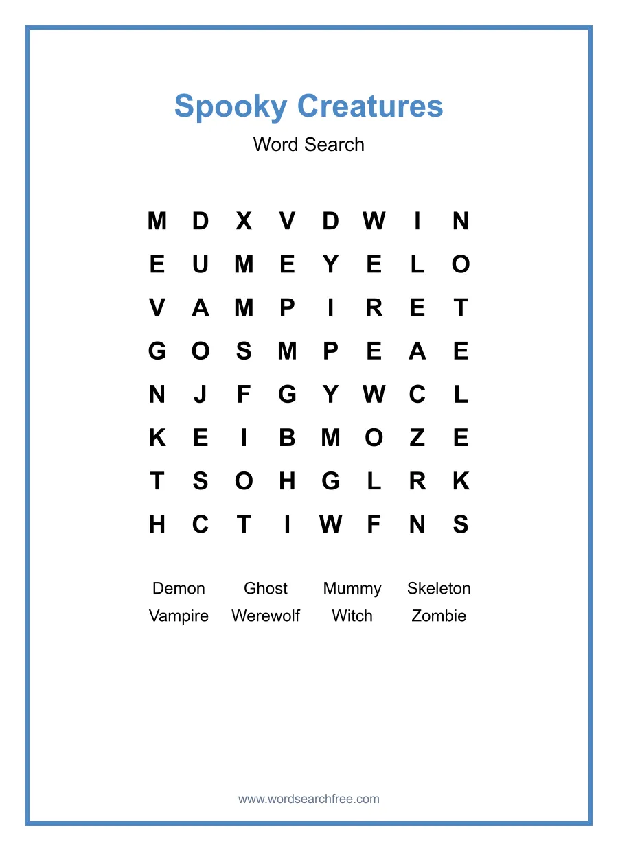 Spooky Creatures Word Search - Free printable puzzle with 8 words
