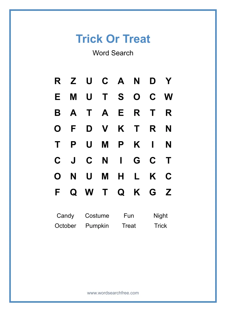 Trick Or Treat Word Search - Free printable puzzle with 8 words