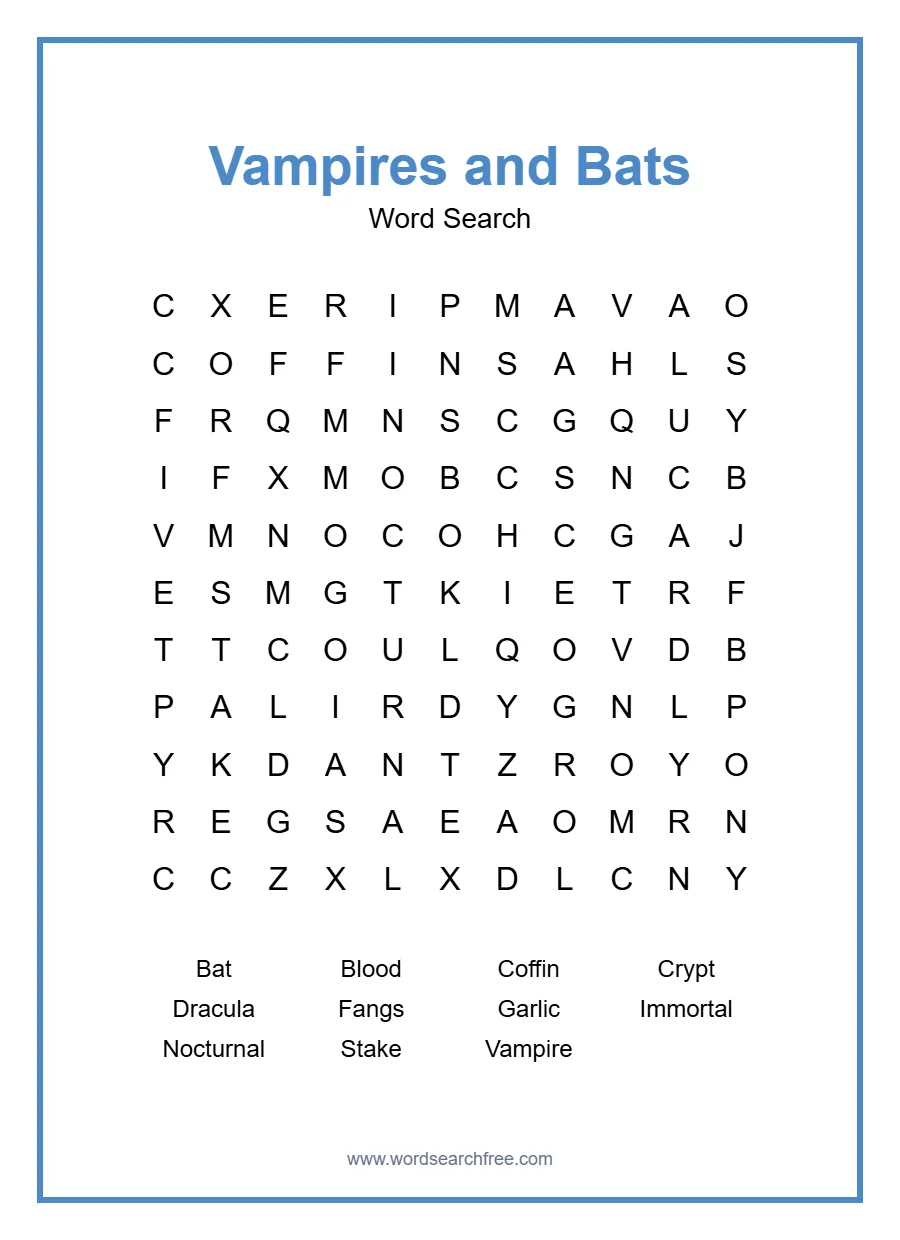 Vampires and Bats Word Search - Free printable puzzle with 11 words