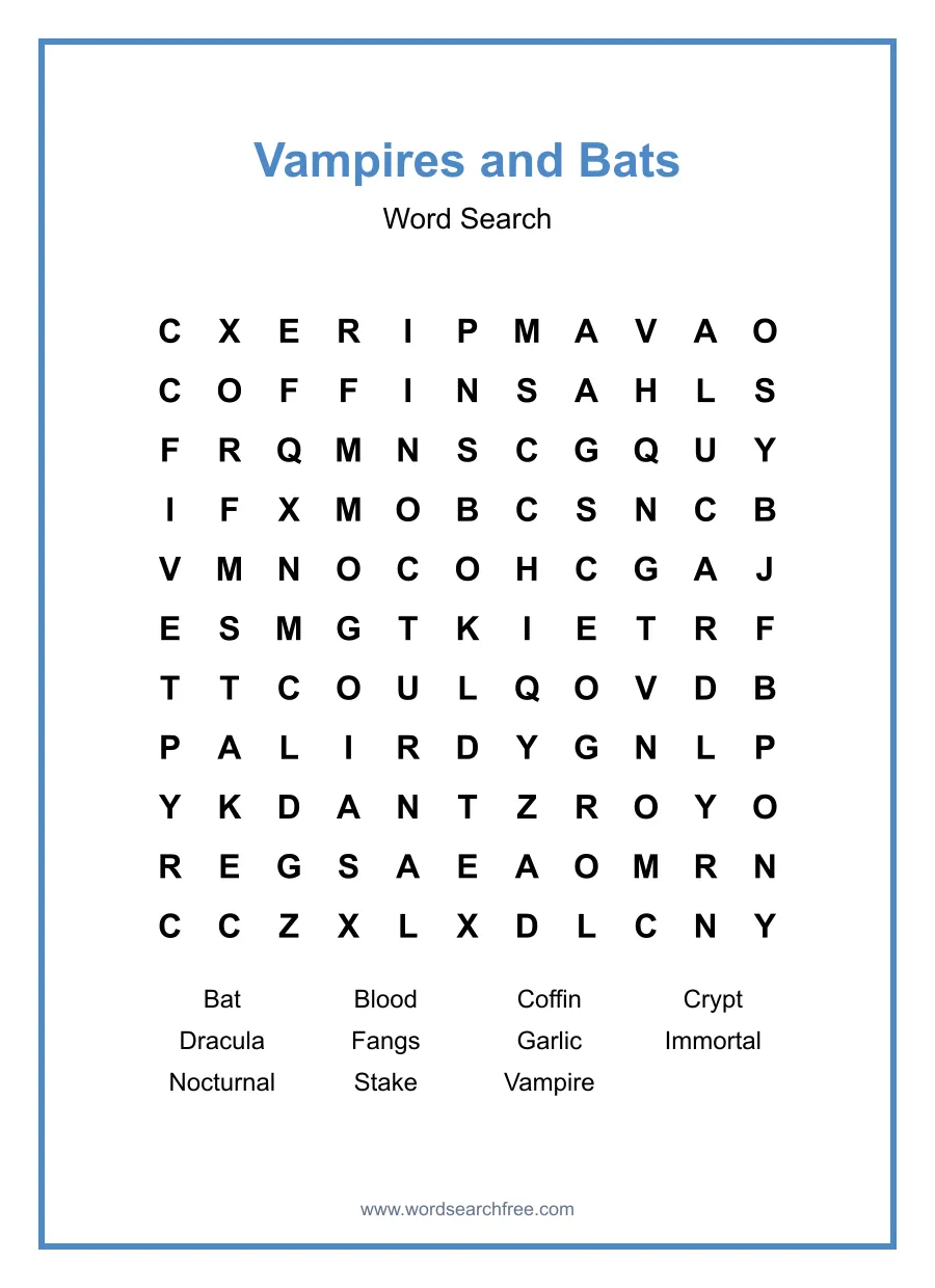 Vampires and Bats Word Search - Free printable puzzle with 11 words