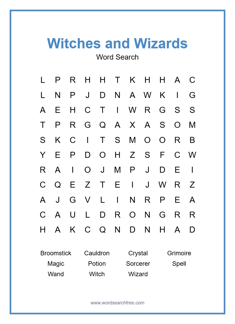 Witches and Wizards Word Search - Free printable puzzle with 11 words