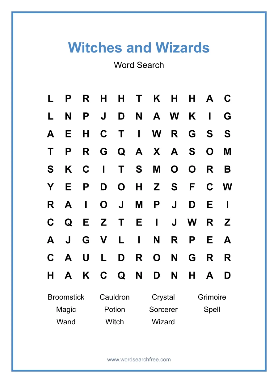 Witches and Wizards Word Search - Free printable puzzle with 11 words