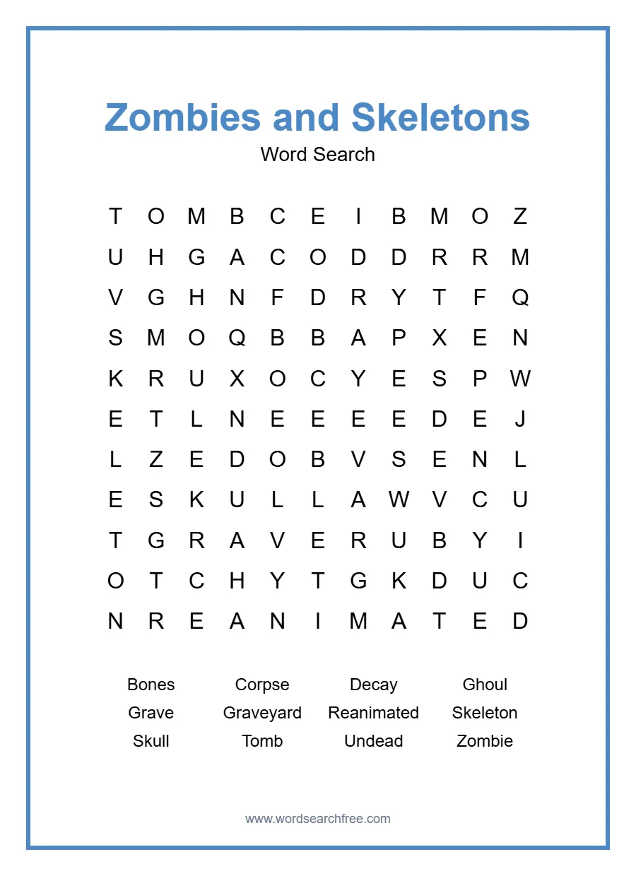 Zombies and Skeletons Word Search - Free printable puzzle with 12 words