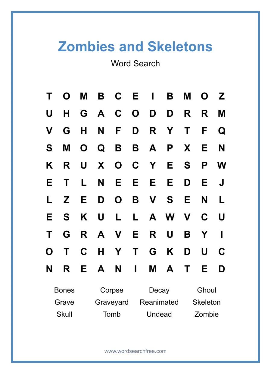 Zombies and Skeletons Word Search - Free printable puzzle with 12 words