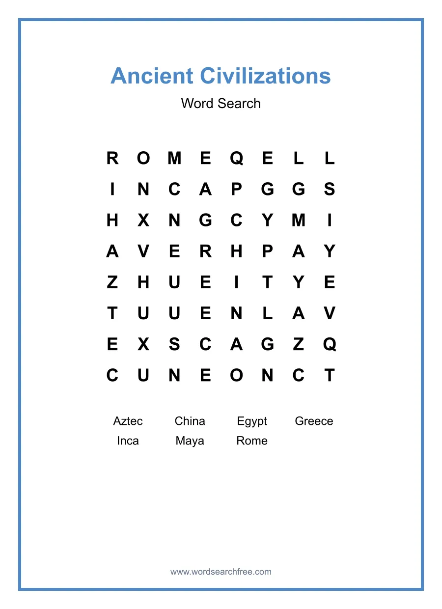Ancient Civilizations Word Search - Free printable puzzle with 7 words