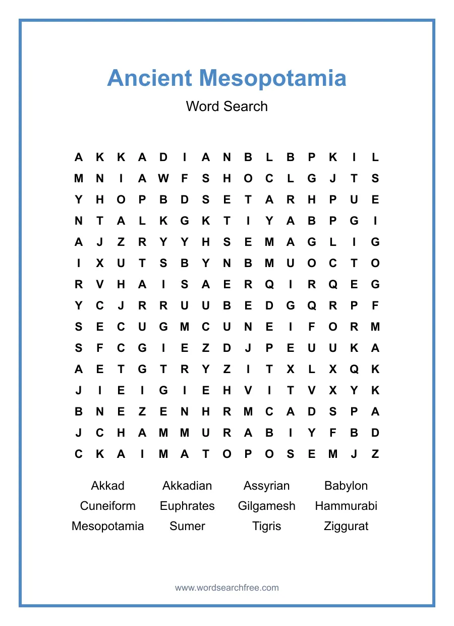 Ancient Mesopotamia Word Search - Free printable puzzle with 12 words