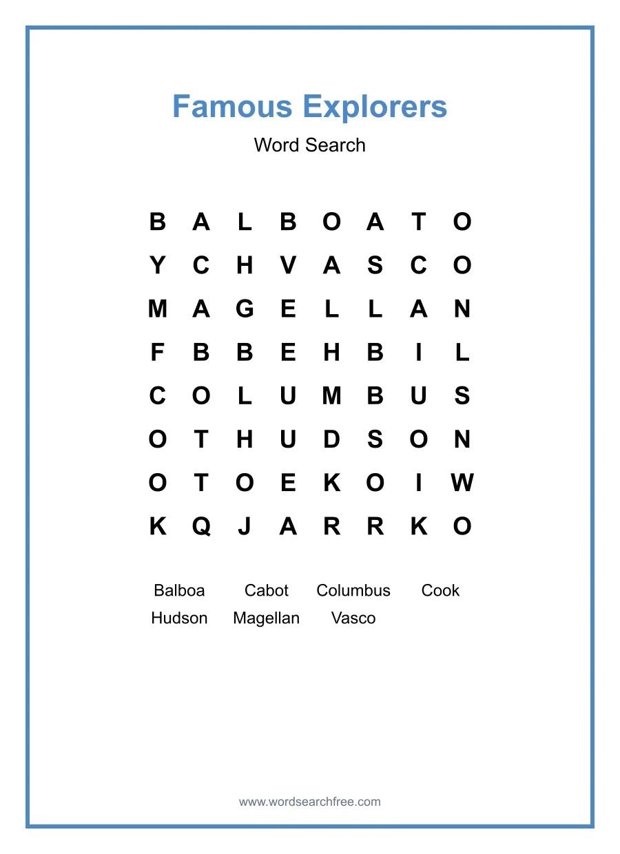 Famous Explorers Word Search - Free printable puzzle with 7 words