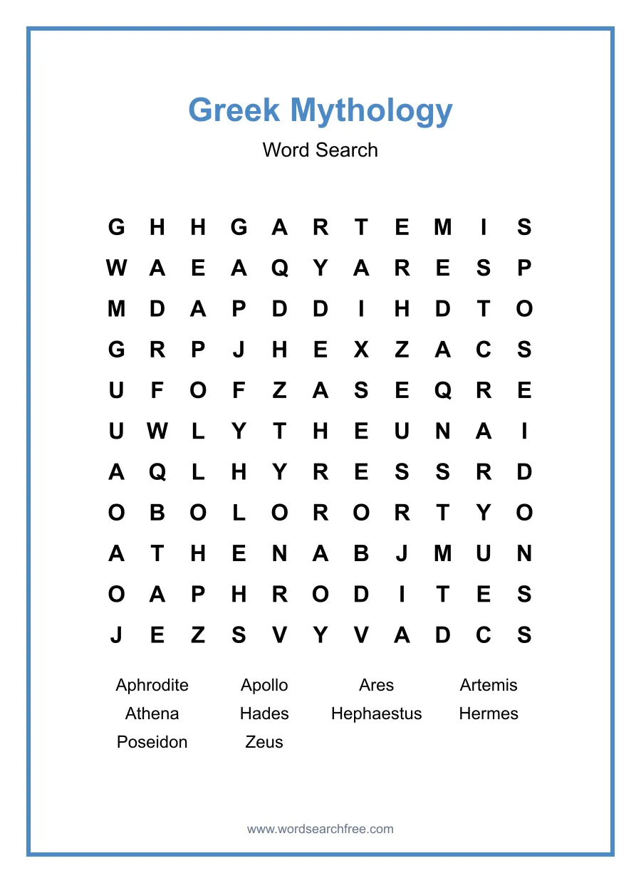 Greek Mythology Word Search - Free printable puzzle with 10 words