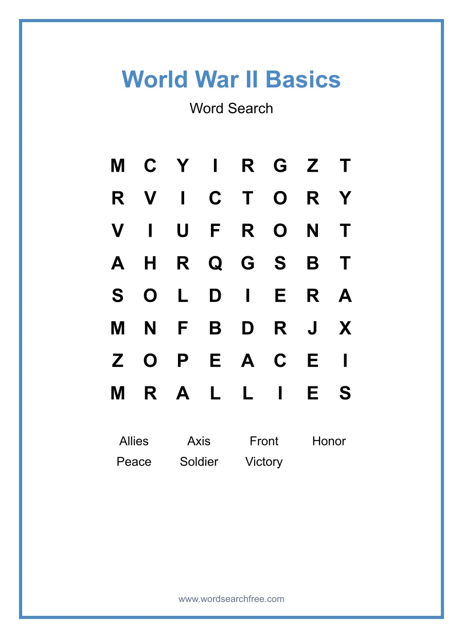 World War II Basics Word Search - Free printable puzzle with 7 words