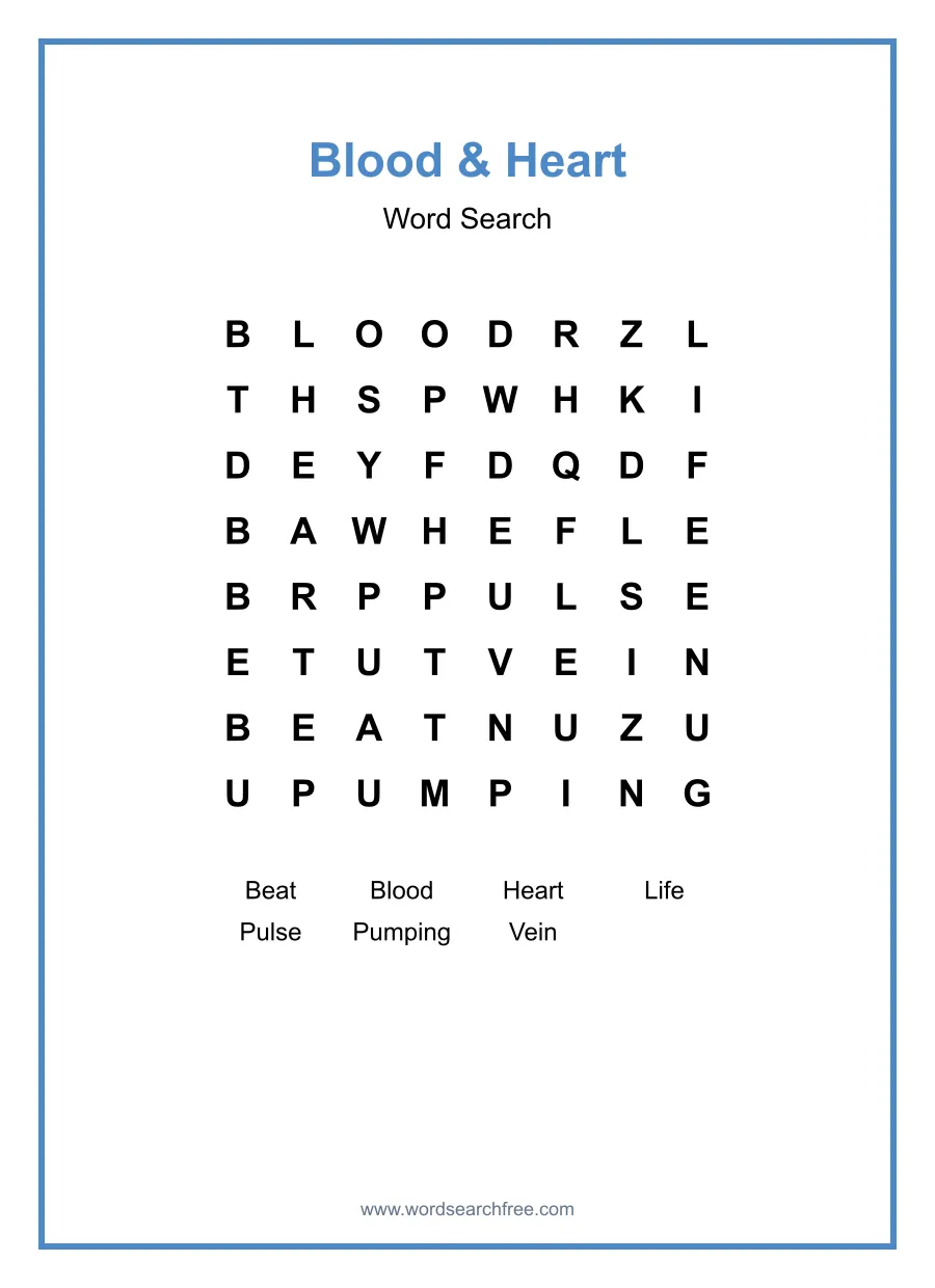 Blood & Heart Word Search - Free printable puzzle with 7 words