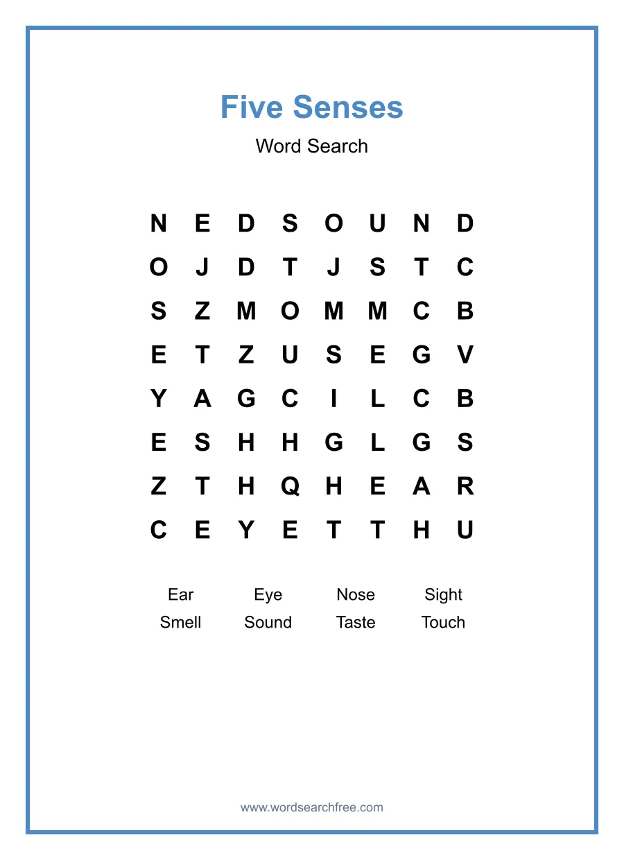 Five Senses Word Search - Free printable puzzle with 8 words