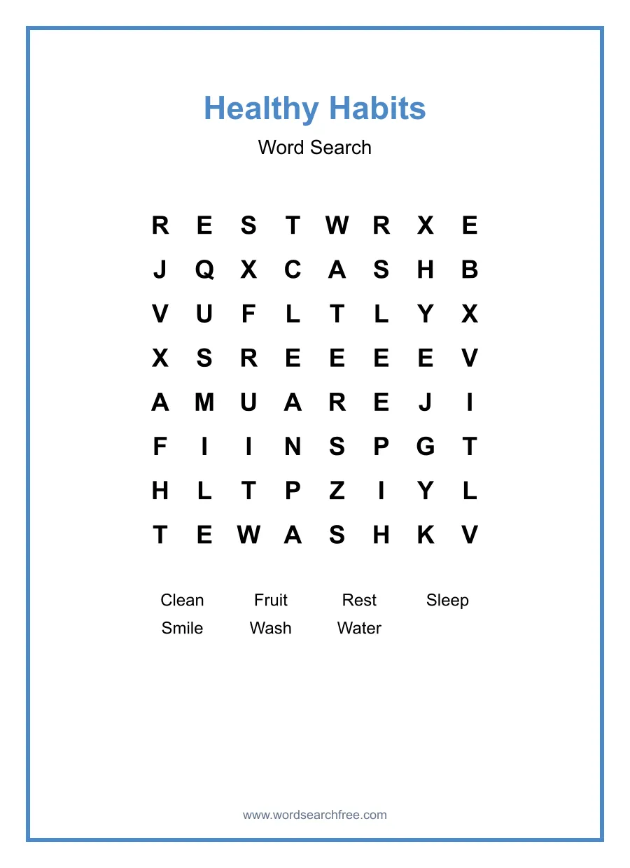 Healthy Habits Word Search - Free printable puzzle with 7 words