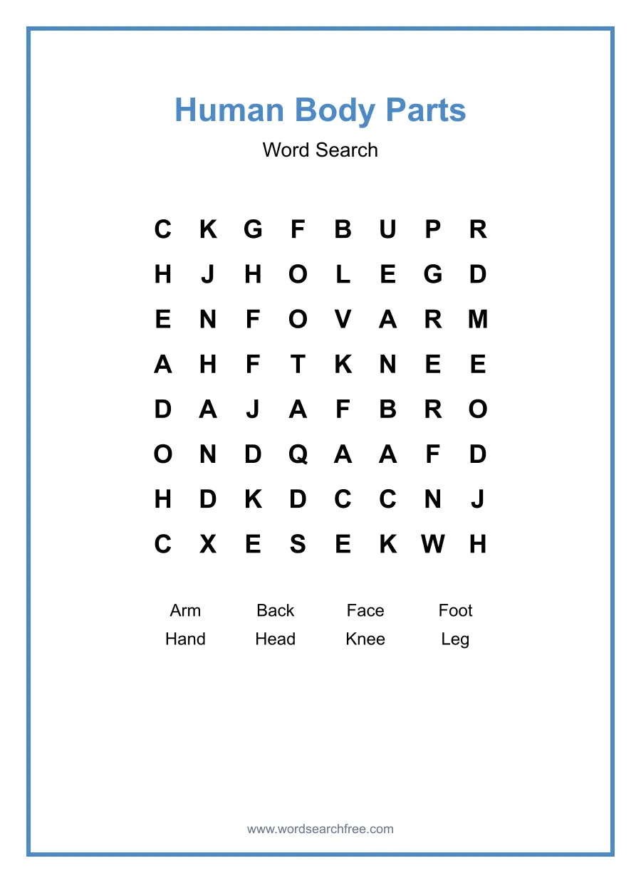 Human Body Parts Word Search - Free printable puzzle with 8 words