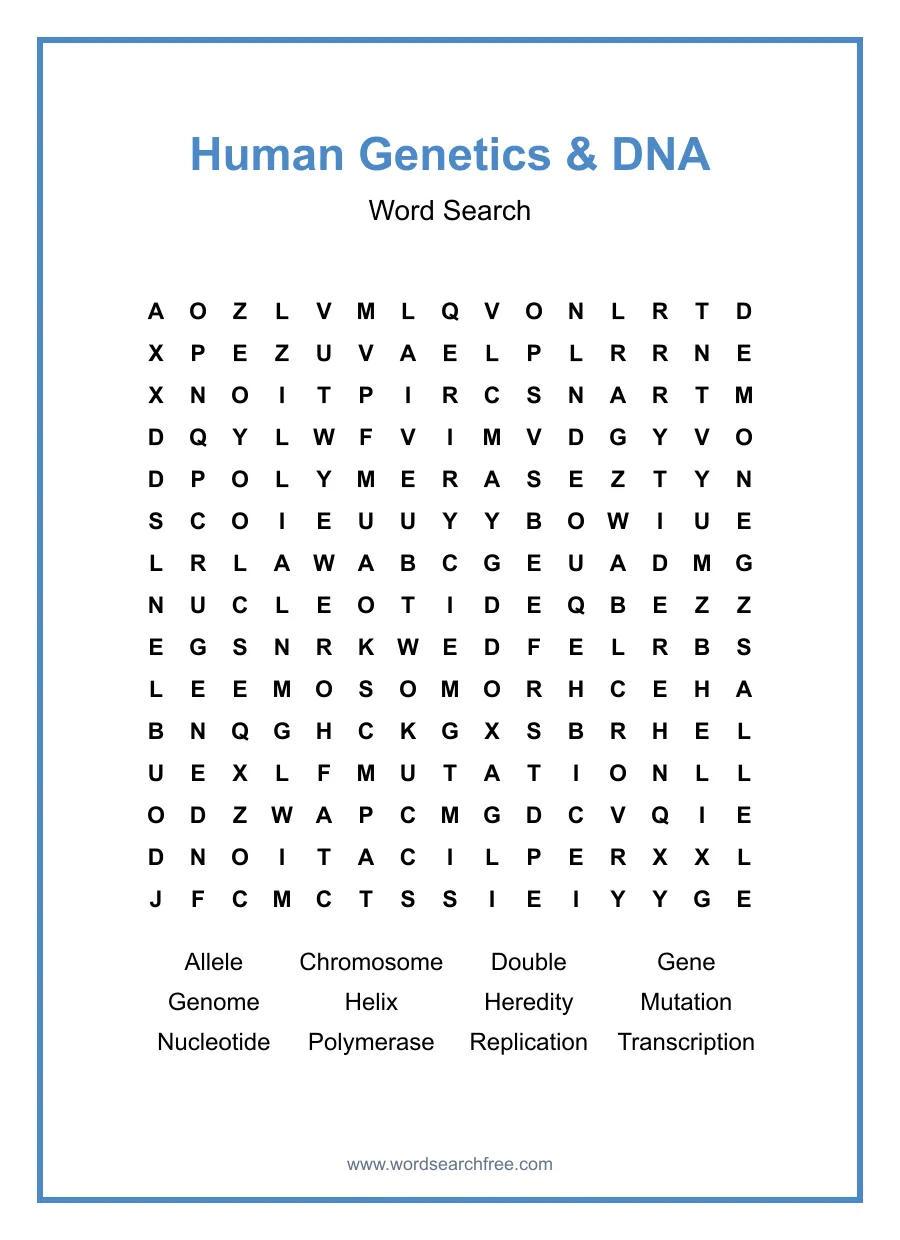 Human Genetics & DNA Word Search - Free printable puzzle with 12 words