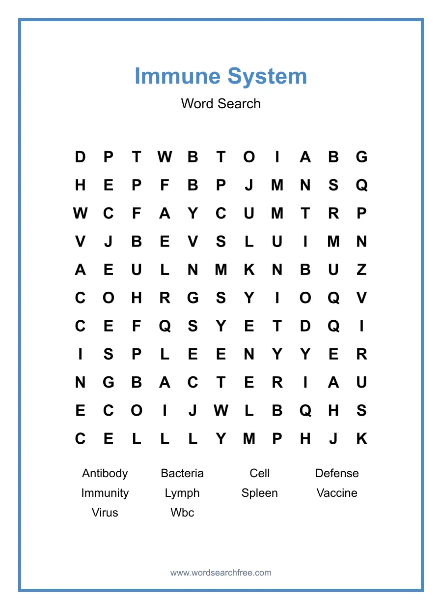 Immune System Word Search - Free printable puzzle with 10 words