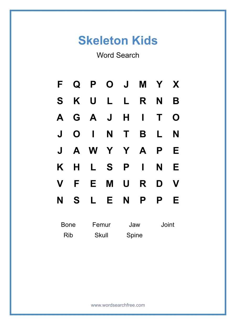 Skeleton Kids Word Search - Free printable puzzle with 7 words