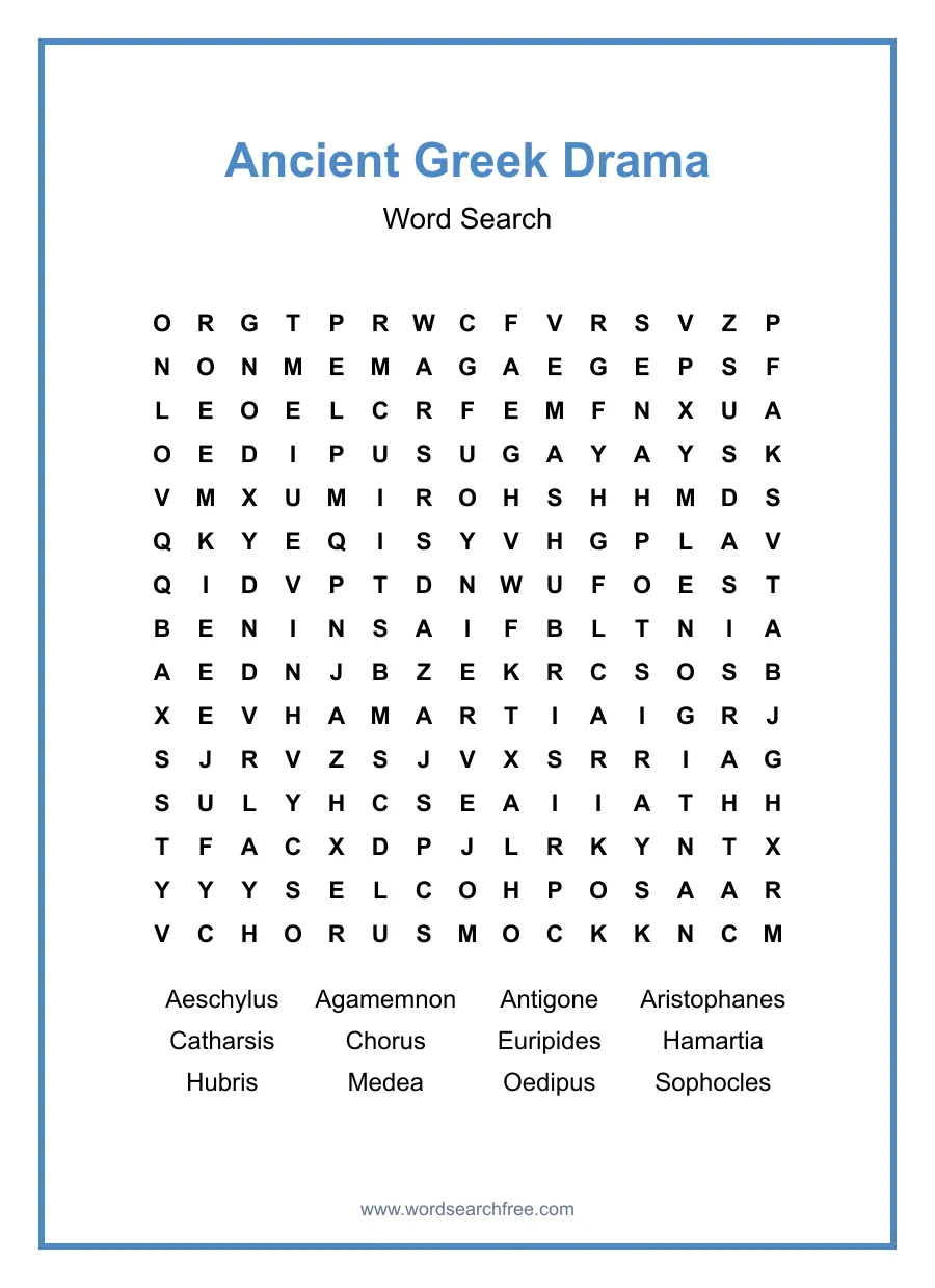 Ancient Greek Drama Word Search - Free printable puzzle with 12 words