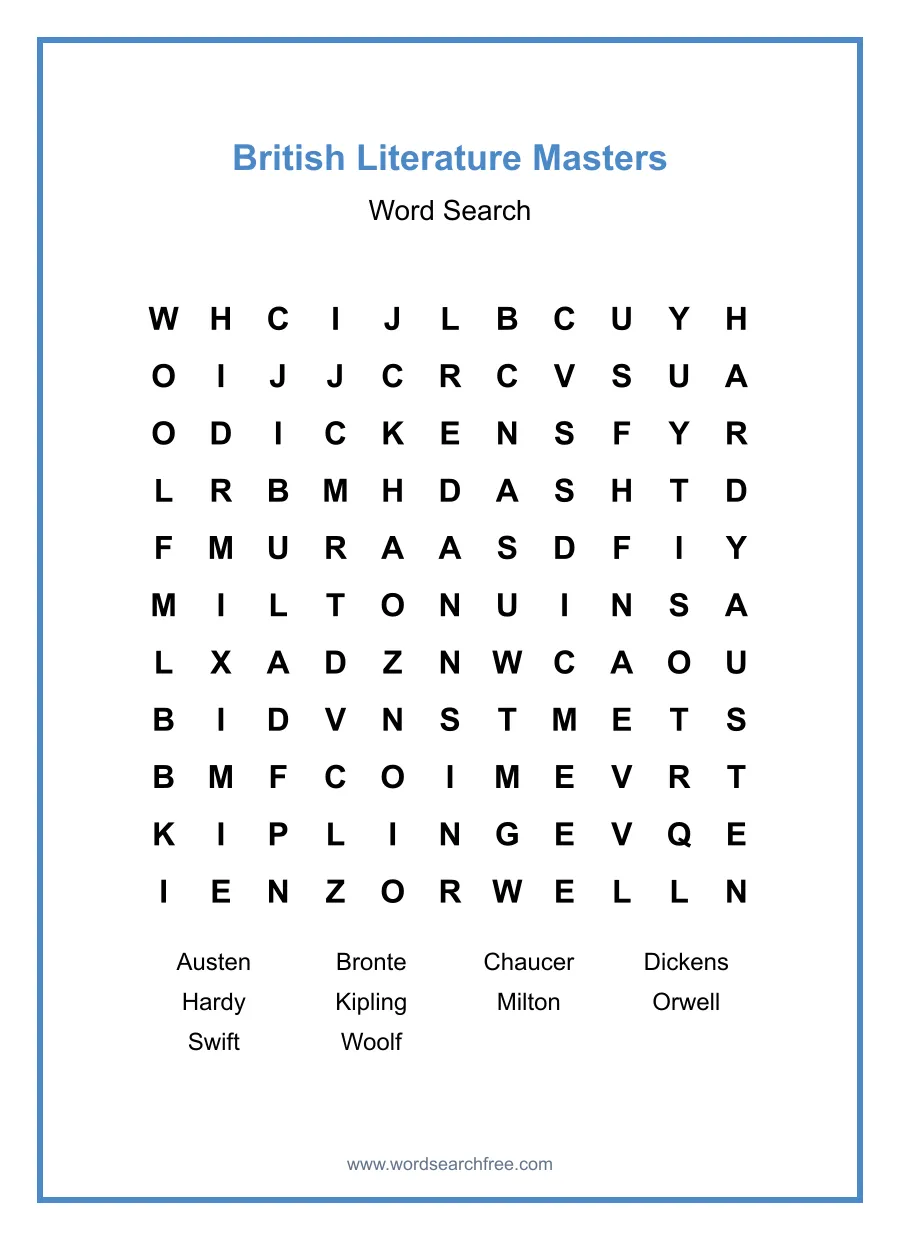 British Literature Masters Word Search - Free printable puzzle with 10 words
