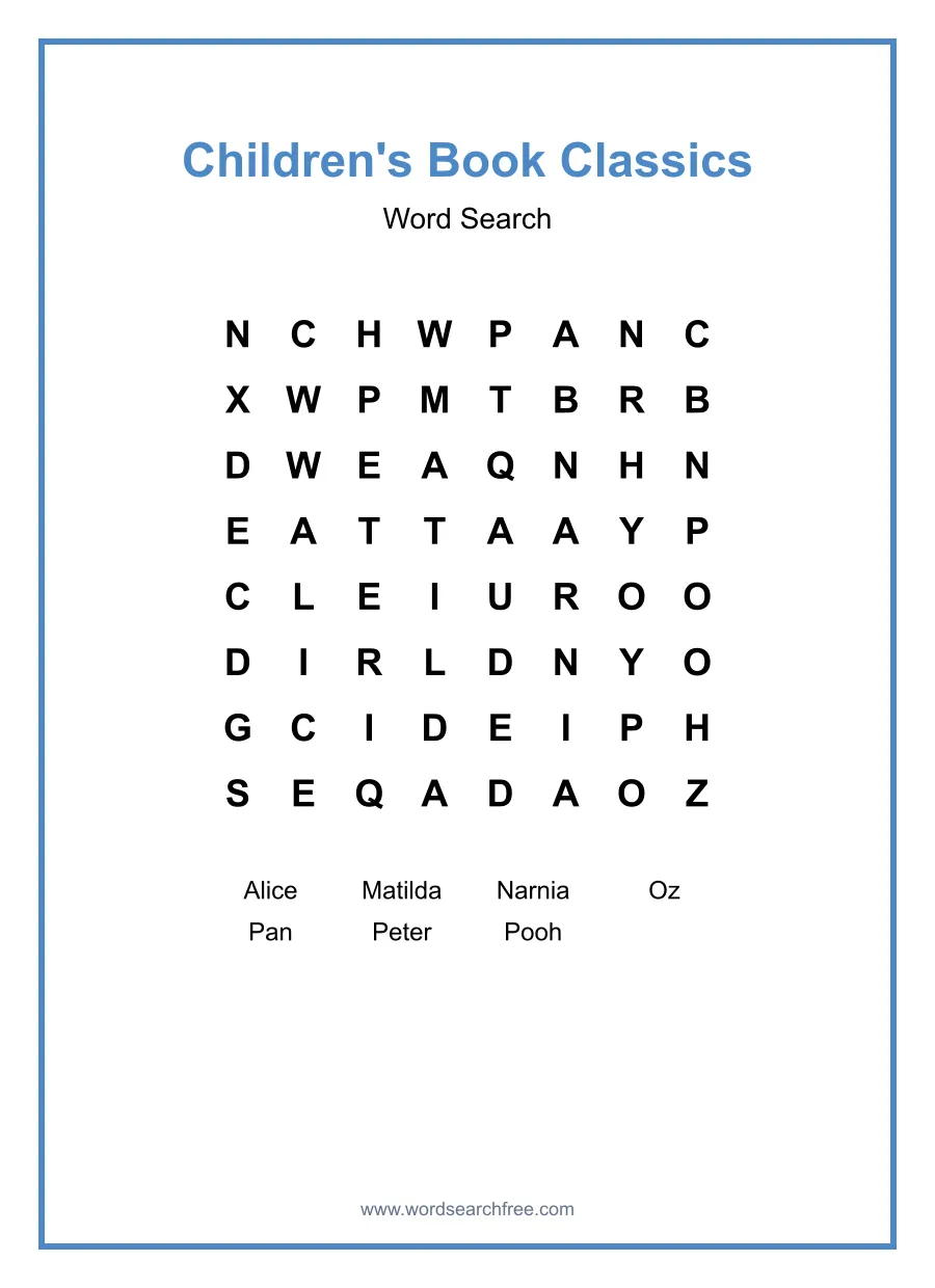 Children's Book Classics Word Search - Free printable puzzle with 7 words