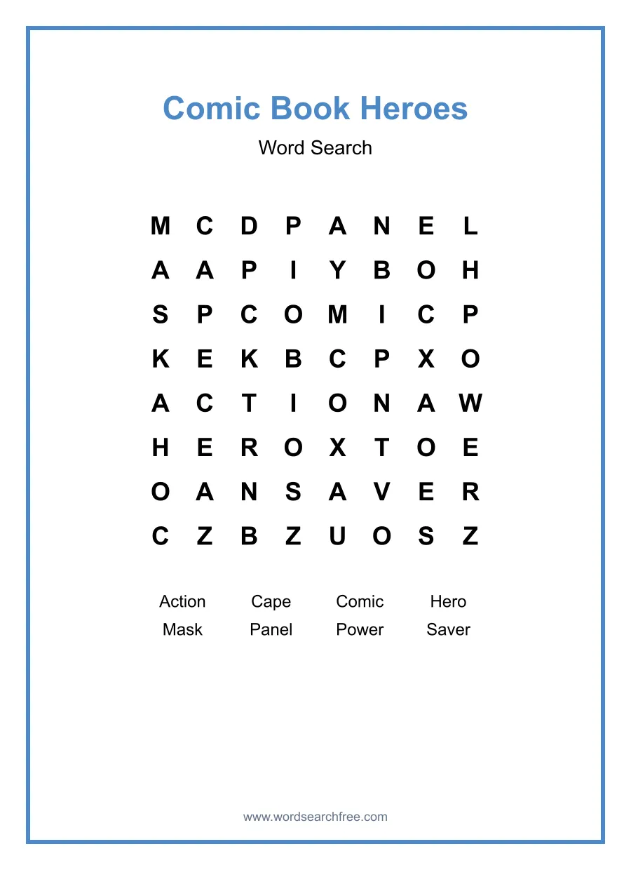 Comic Book Heroes Word Search - Free printable puzzle with 8 words