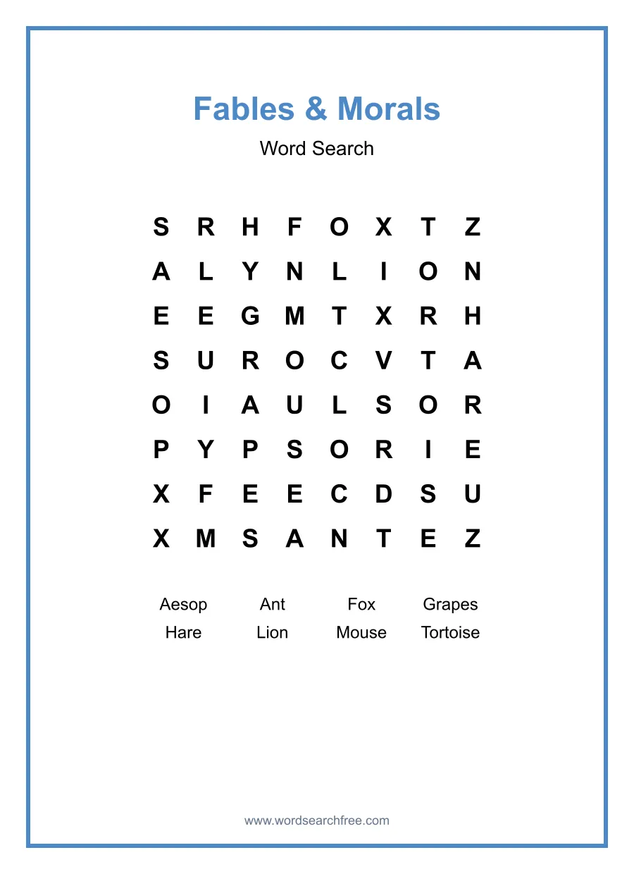 Fables & Morals Word Search - Free printable puzzle with 8 words