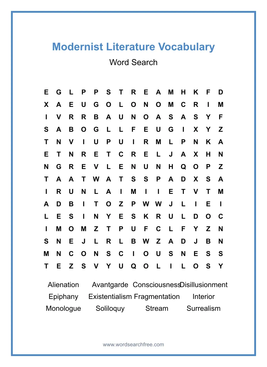 Modernist Literature Vocabulary Word Search - Free printable puzzle with 12 words