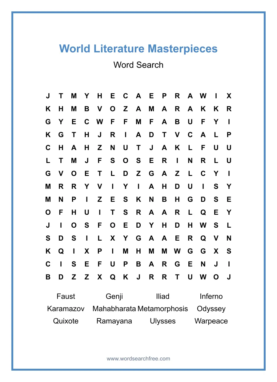 World Literature Masterpieces Word Search - Free printable puzzle with 12 words