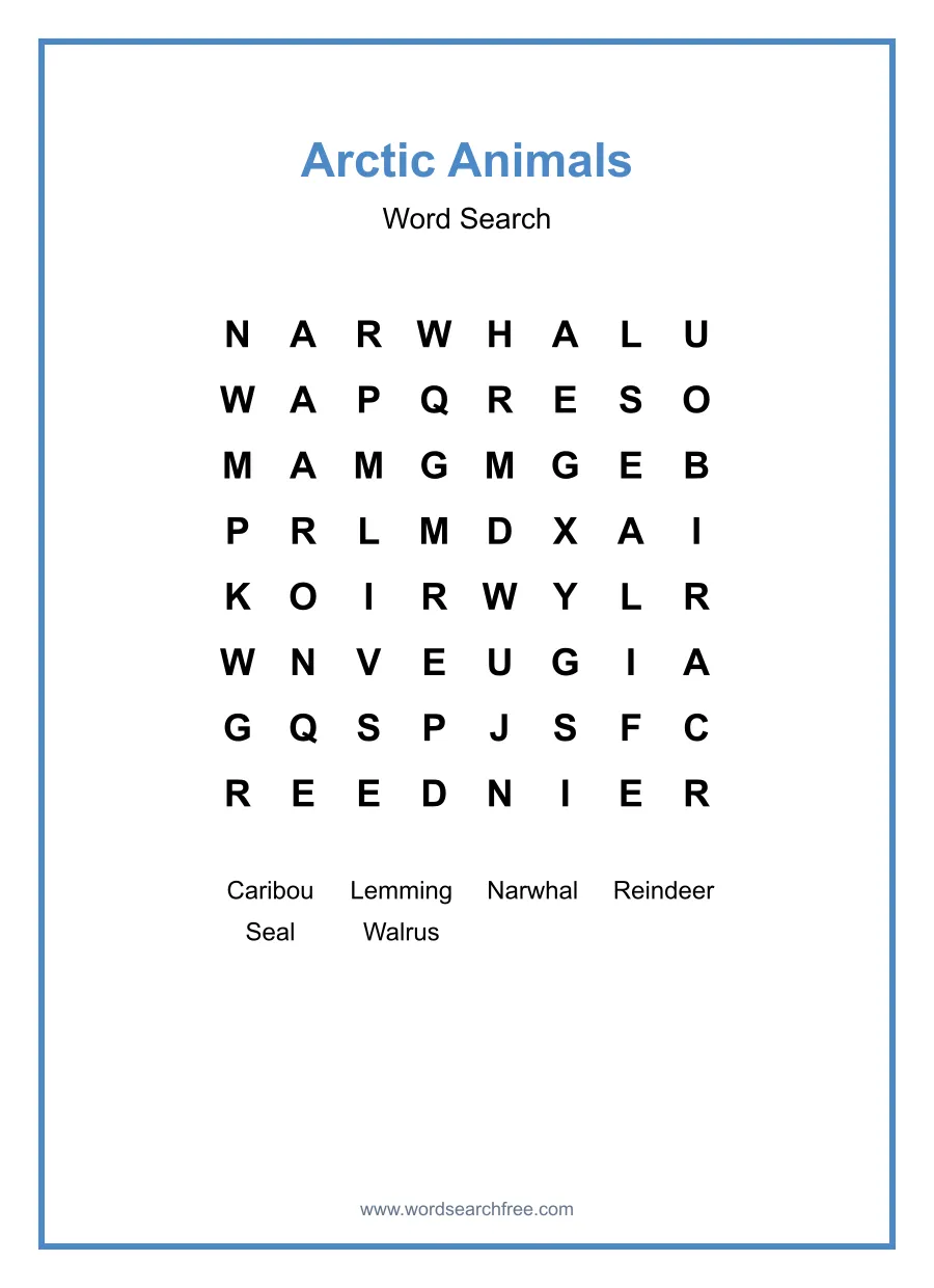 Arctic Animals - Easy Word Search Puzzle