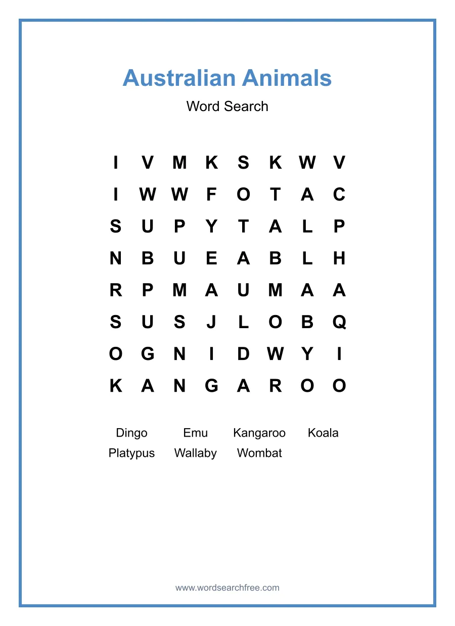 Australian Animals - Easy Word Search Puzzle