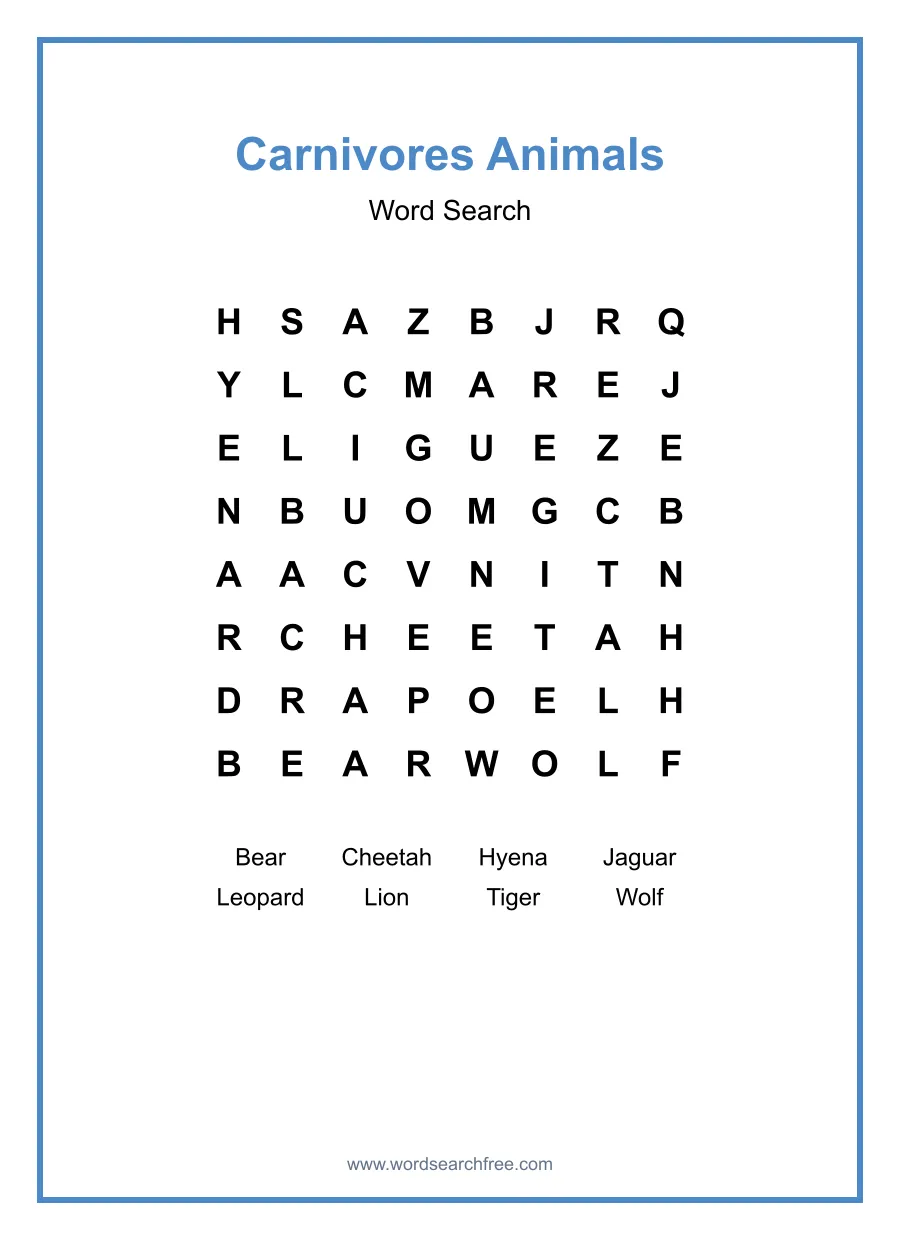 Carnivores Animals - Easy Word Search Puzzle