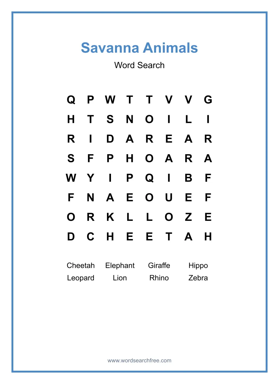 Savanna Animals - Easy Word Search Puzzle