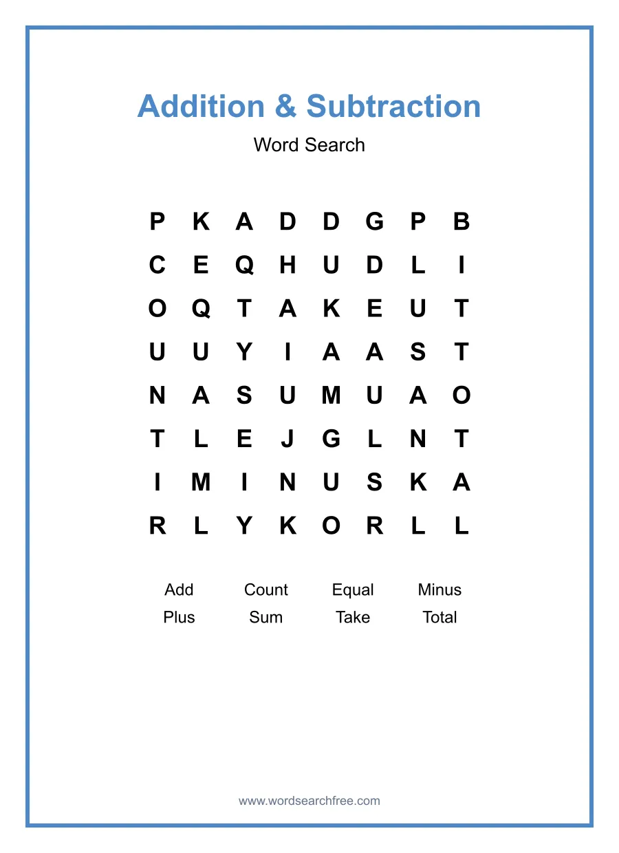 Addition & Subtraction Word Search - Free printable puzzle with 8 words