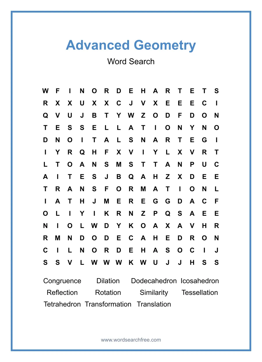 Advanced Geometry Word Search - Free printable puzzle with 11 words