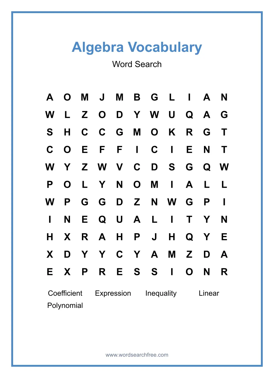 Algebra Vocabulary Word Search - Free printable puzzle with 5 words