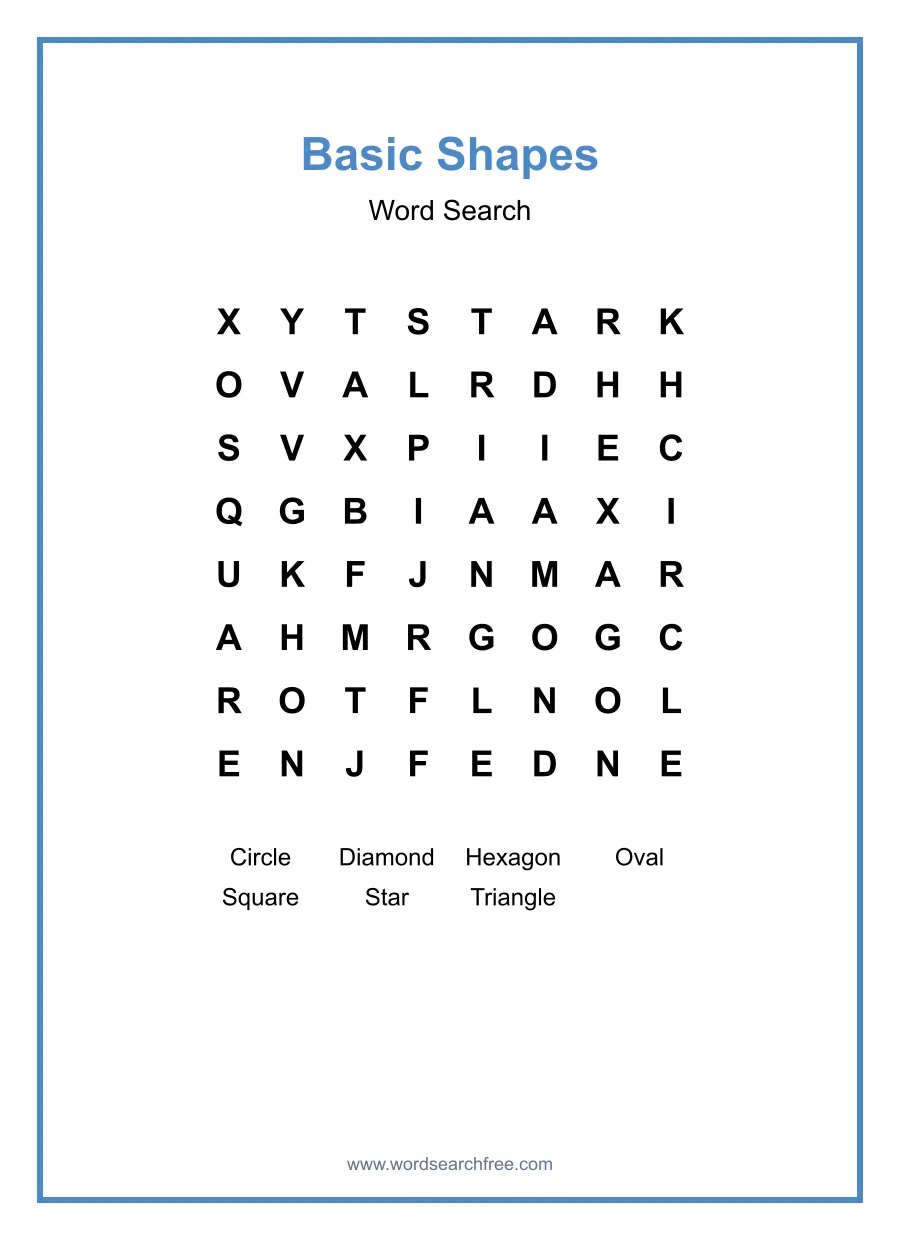 Basic Shapes Word Search - Free printable puzzle with 7 words